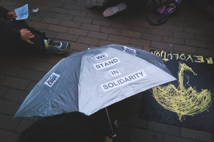Umbrellas, used by student protesters in Hong Kong to shield themselves from police pepper spray, have become symbols of the nacent pro-democracy movement. • Photo by Gennie Gebhart
